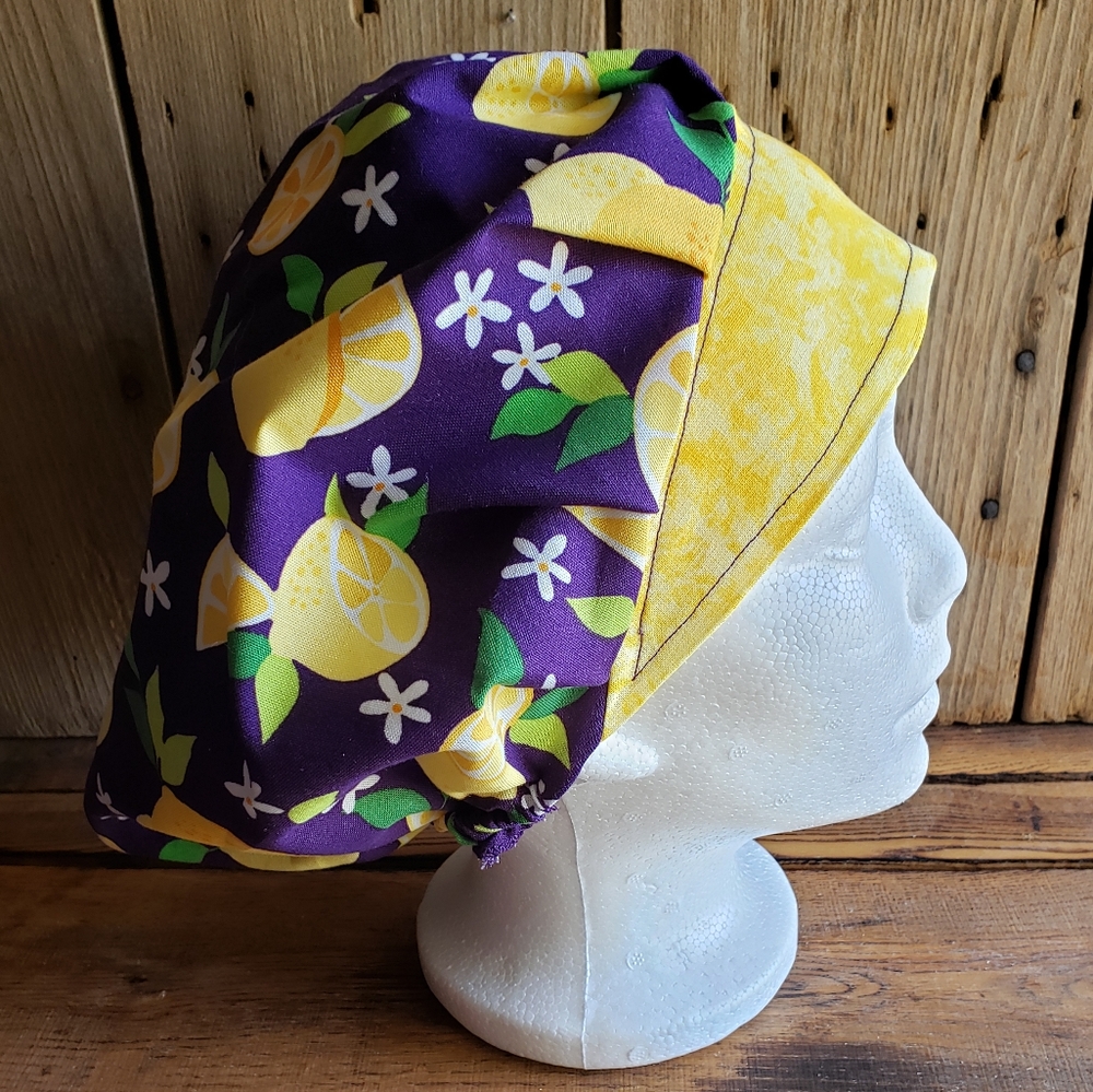Purple yellow lemon scrub bouffant hat NWOT
